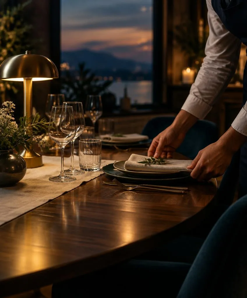 A server sets a walnut table with linen napkins and wine glasses at dusk, lit by a brass table lamp
