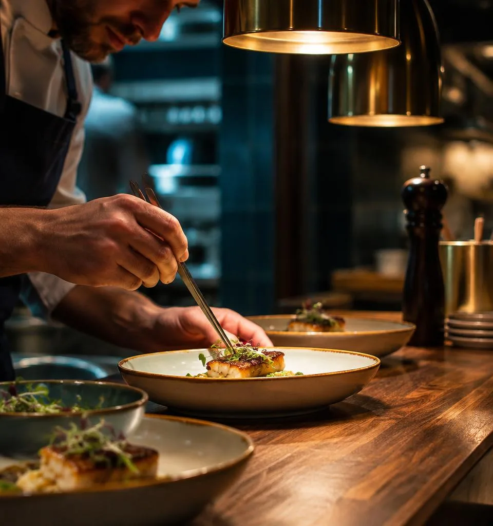 A chef's hands plating seared fish with tweezers at a warm open-kitchen pass under brass pendant lamps