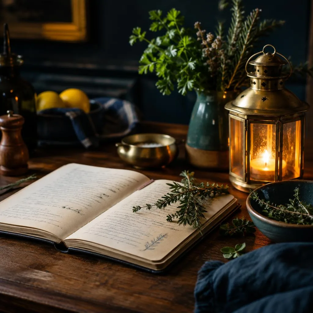 An open handwritten recipe notebook with sprigs of thyme beside a small glowing brass lantern on a wooden table