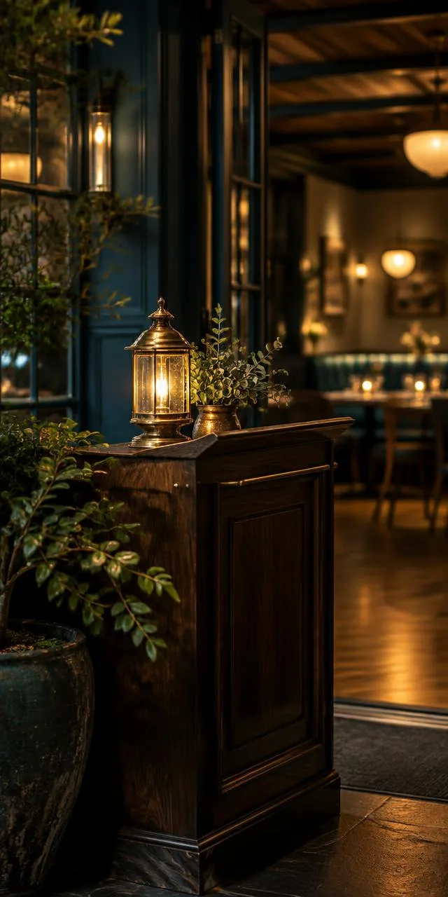 A lit brass lantern and a small potted plant on a dark wood host stand at the entrance of a warmly lit restaurant
