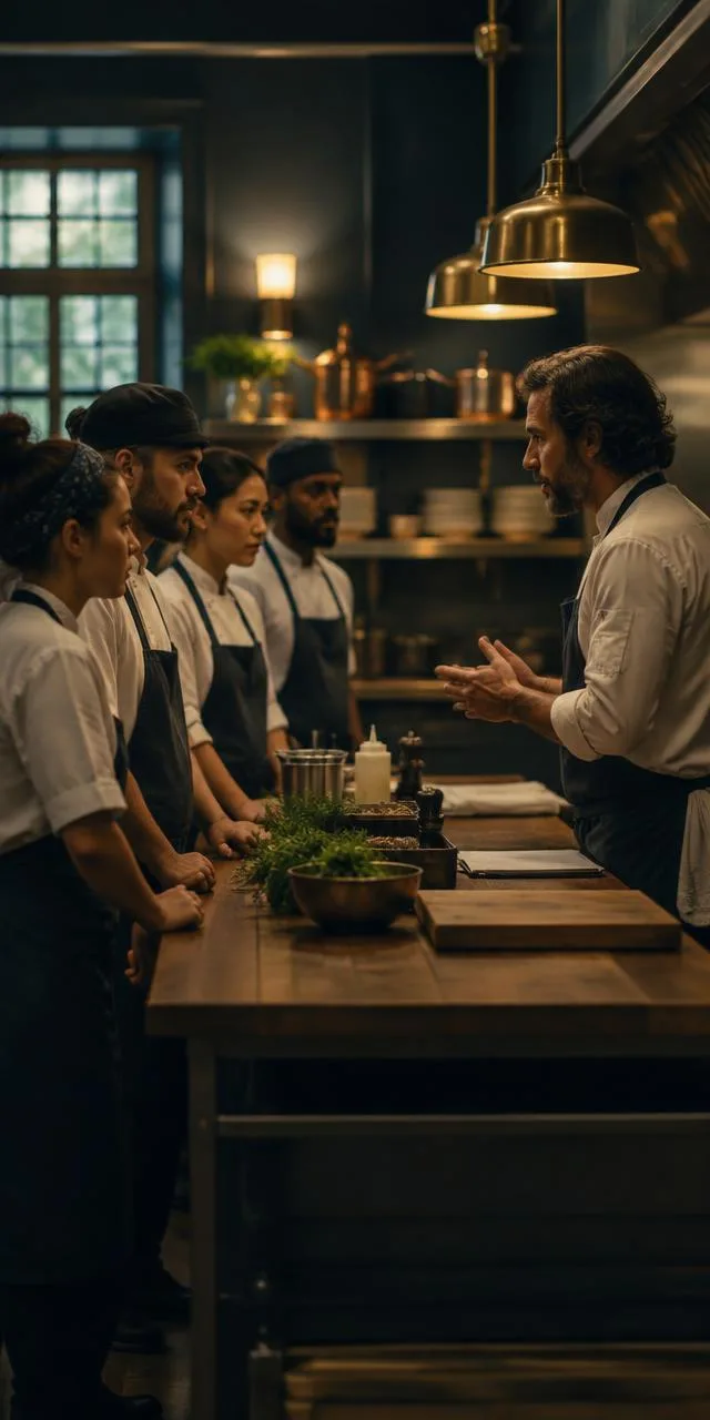 A kitchen team in aprons gathered around a wooden prep table for a pre-service briefing, seen in side profile under brass pendants