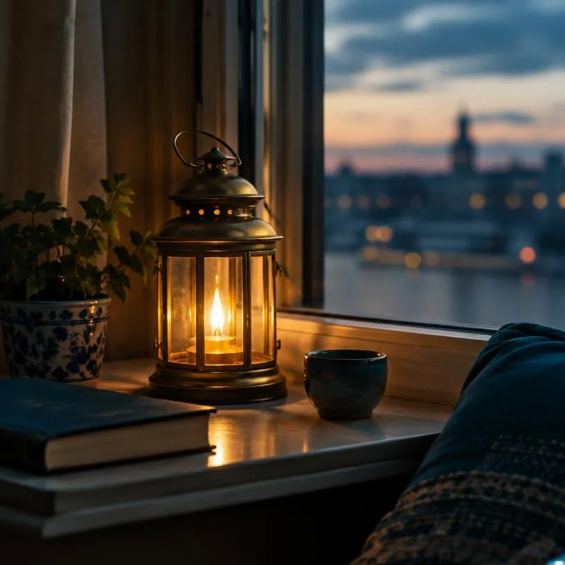 A glowing brass lantern with a lit candle on a windowsill at dusk