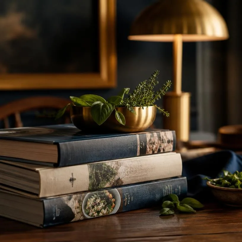 Stacked cookbooks topped with a brass bowl of fresh basil and thyme