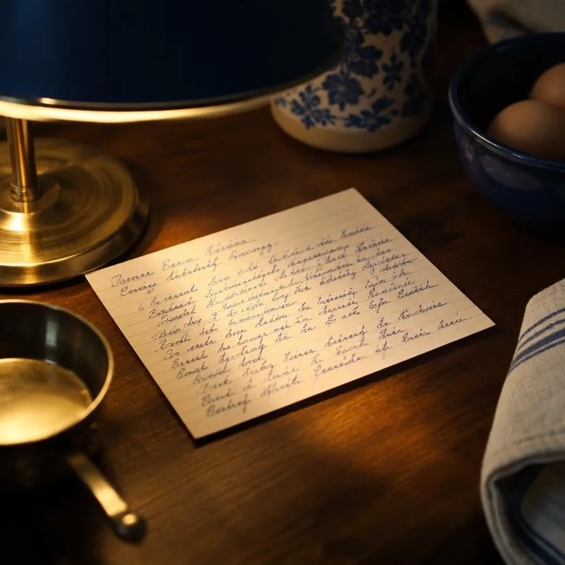 A handwritten recipe card lit by a brass lamp on a dark wood table