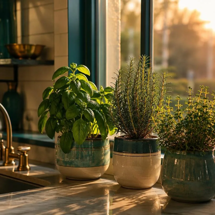 Potted basil, rosemary and thyme in teal ceramic pots on a sunlit kitchen windowsill