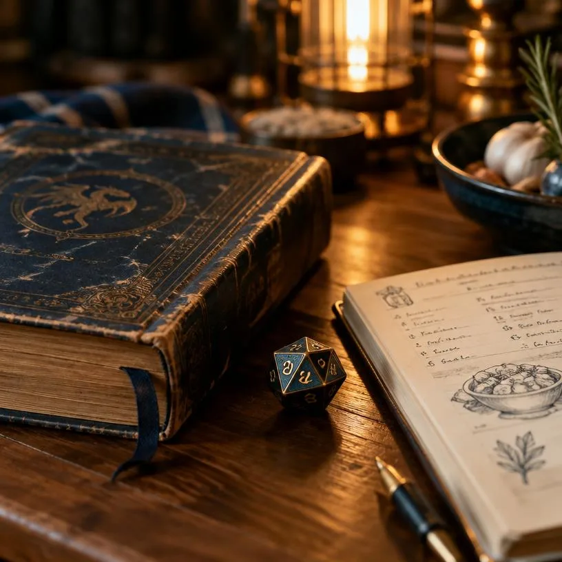 A worn fantasy novel and a d20 die beside an open chef's notebook on wood