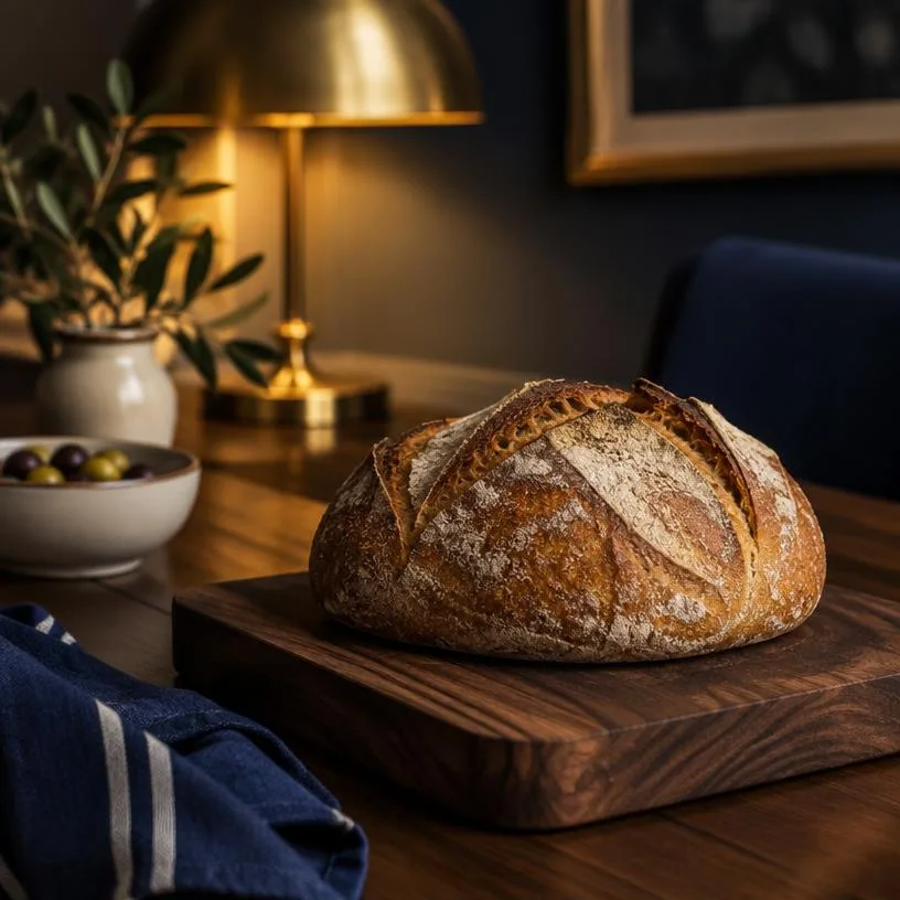 A rustic loaf of bread on a walnut board under a brass lamp