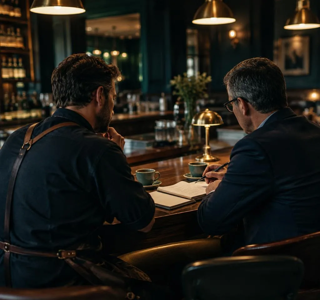 An owner and a coach review notes side by side at a bar counter after hours, with coffee cups and warm brass lamps