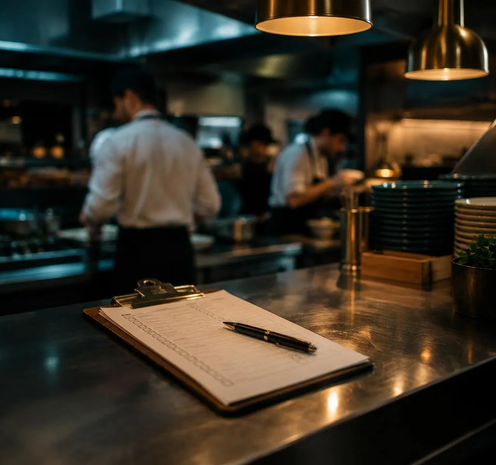 A checklist clipboard and pen on a stainless kitchen pass, with line cooks blurred in the background