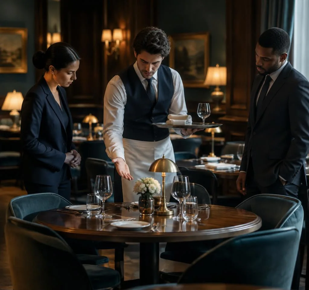 A server demonstrates table service to two colleagues beside a set table in an empty, lamp-lit dining room