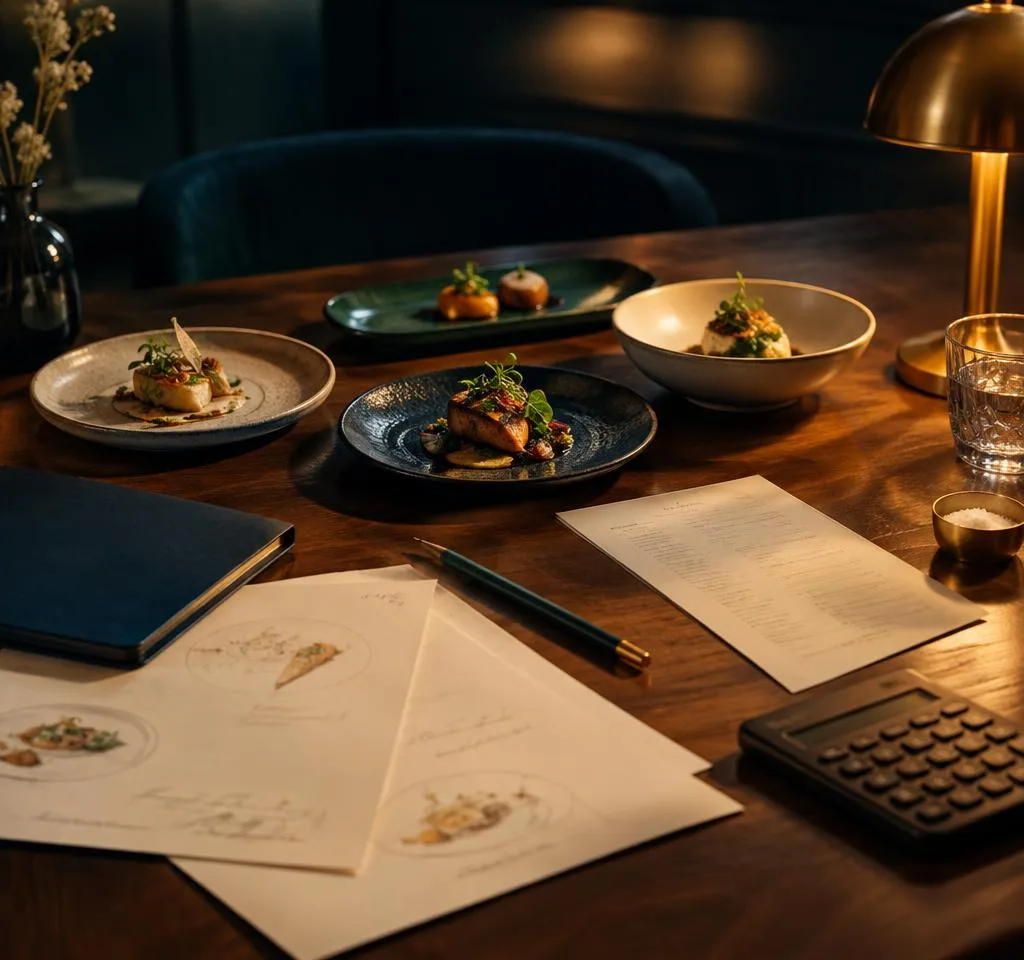 Menu drafts, tasting plates, a pencil and a calculator spread across a walnut table under a brass lamp