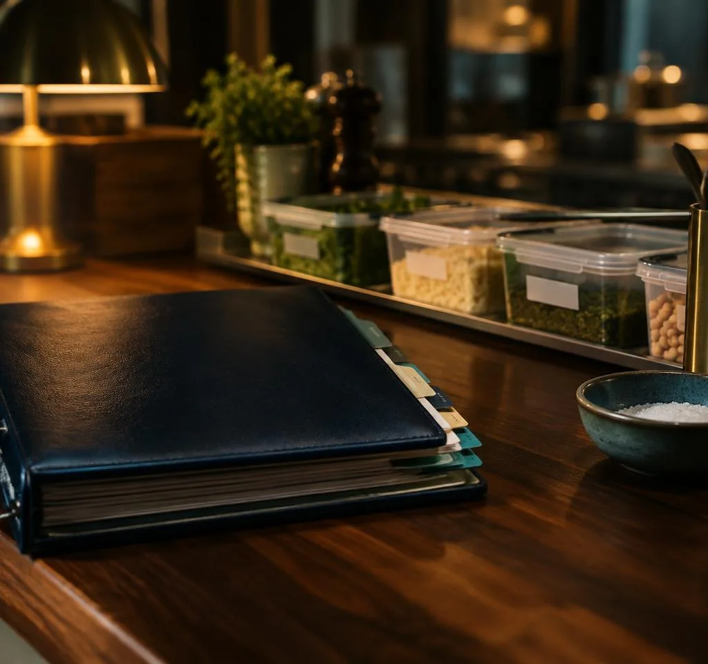 A navy tabbed procedure binder beside labeled prep containers on a wooden kitchen counter