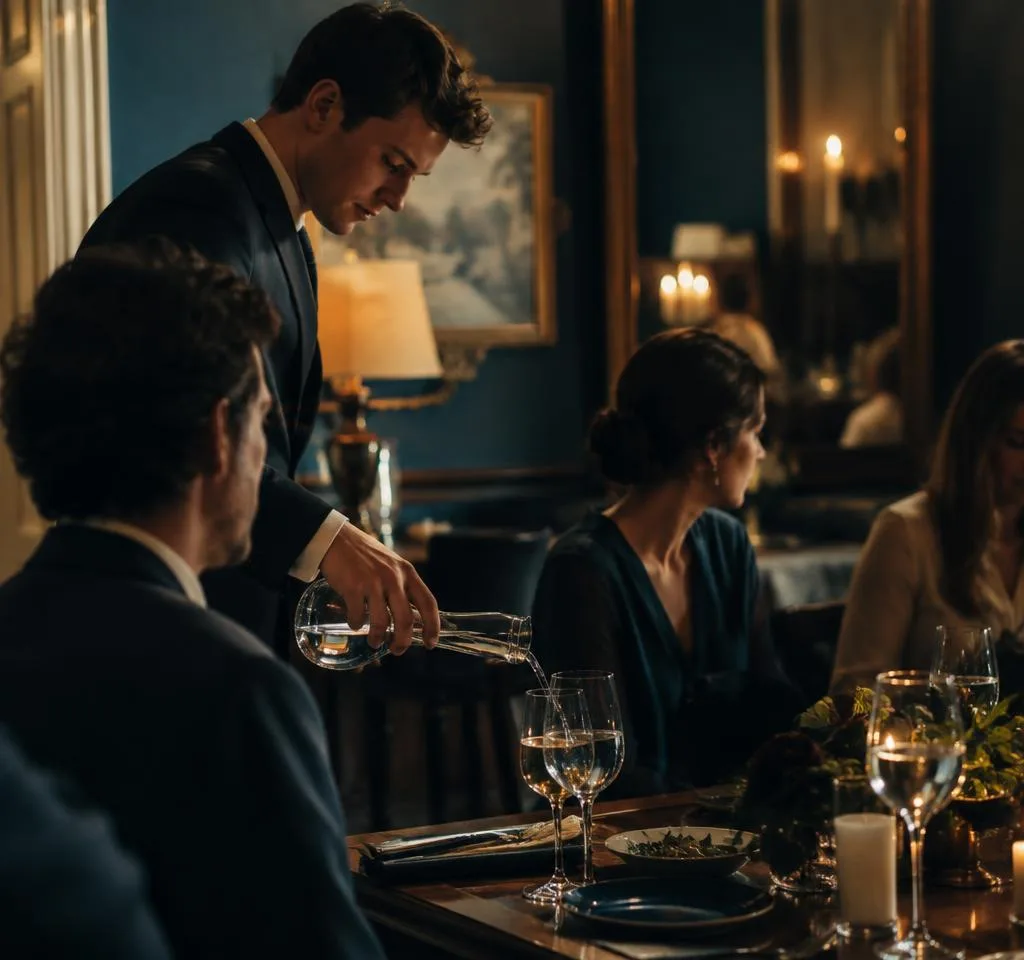 A server pours water for seated guests in a warm candlelit dining room with navy walls