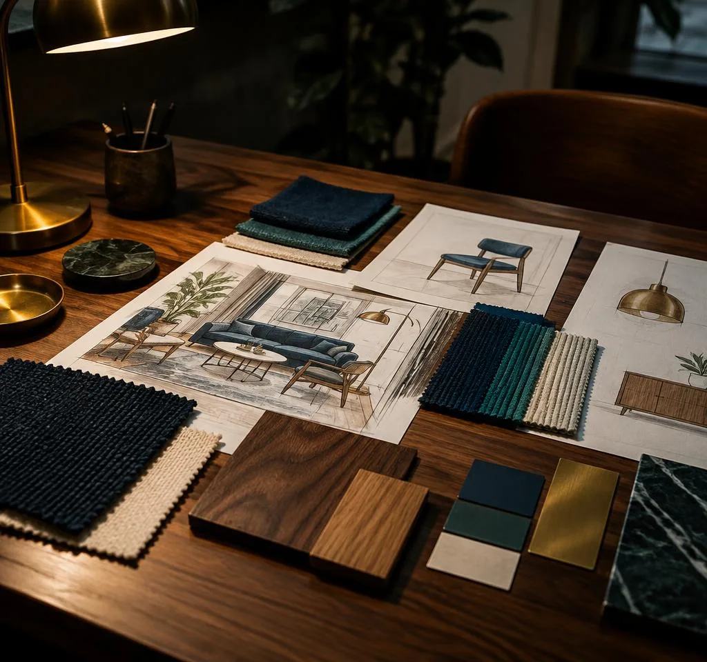A concept moodboard of interior sketches, fabric swatches, wood and brass samples on a walnut table