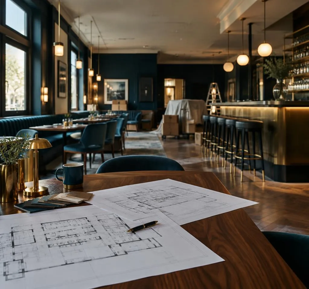 Floor plans on a table inside a new restaurant before opening, with velvet seating and brass pendant lights