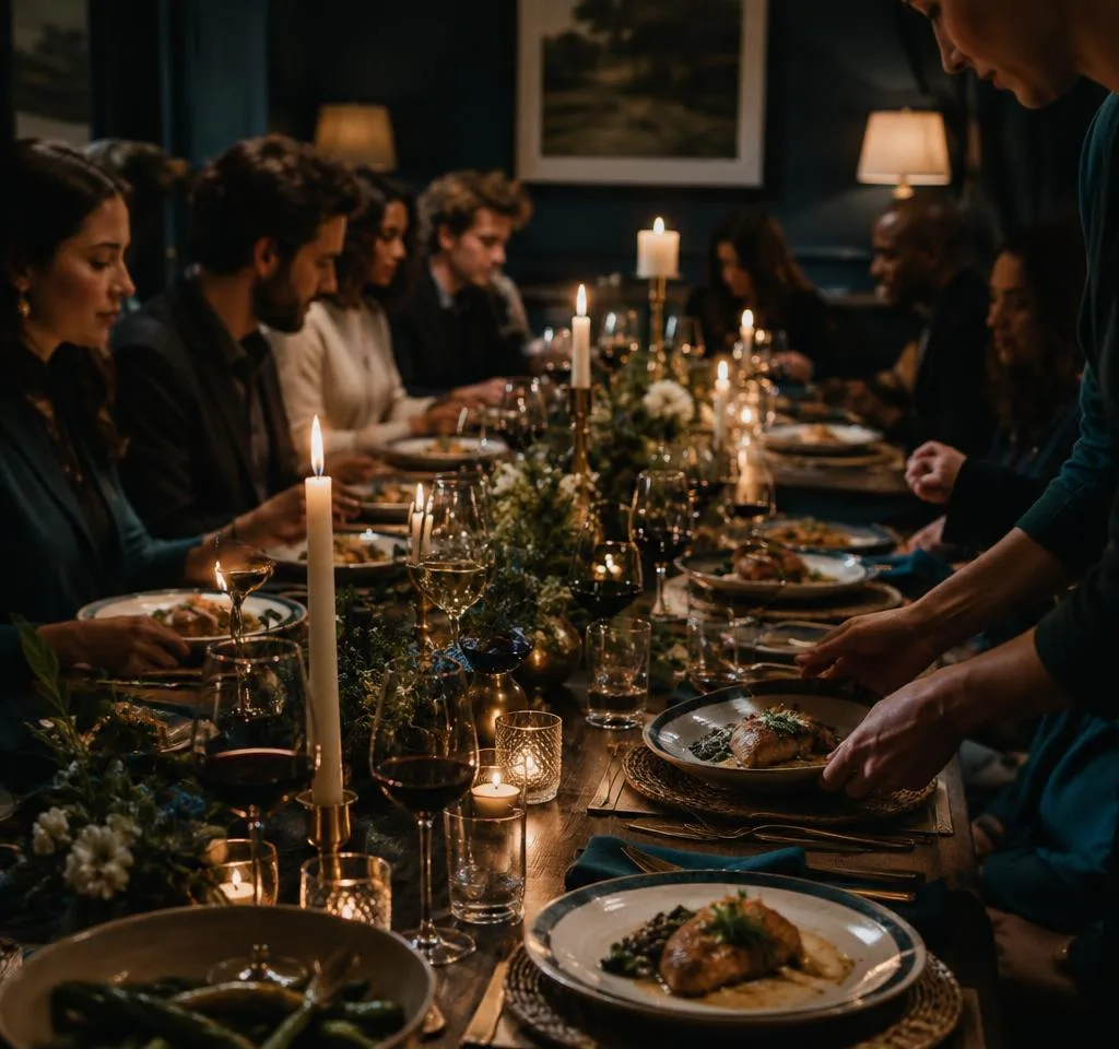 Plates being served along a long communal dinner table lit by tall candles