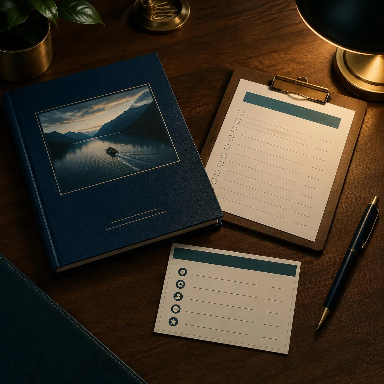 Flat-lay on a walnut desk of a navy training manual, a station checklist on a clipboard and a service-standards card beside a brass lamp