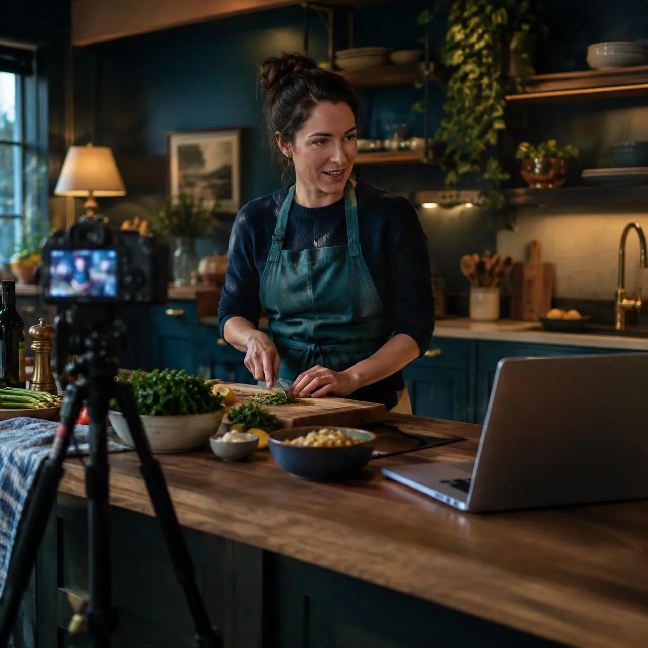 Home kitchen set up for a virtual cooking class, with a camera on a tripod, an open laptop, a cutting board and fresh ingredients under warm lamplight