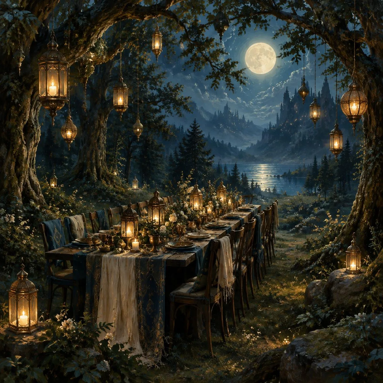 Painterly concept artwork of a moonlit forest clearing with a long dining table and glowing lanterns hanging from the branches