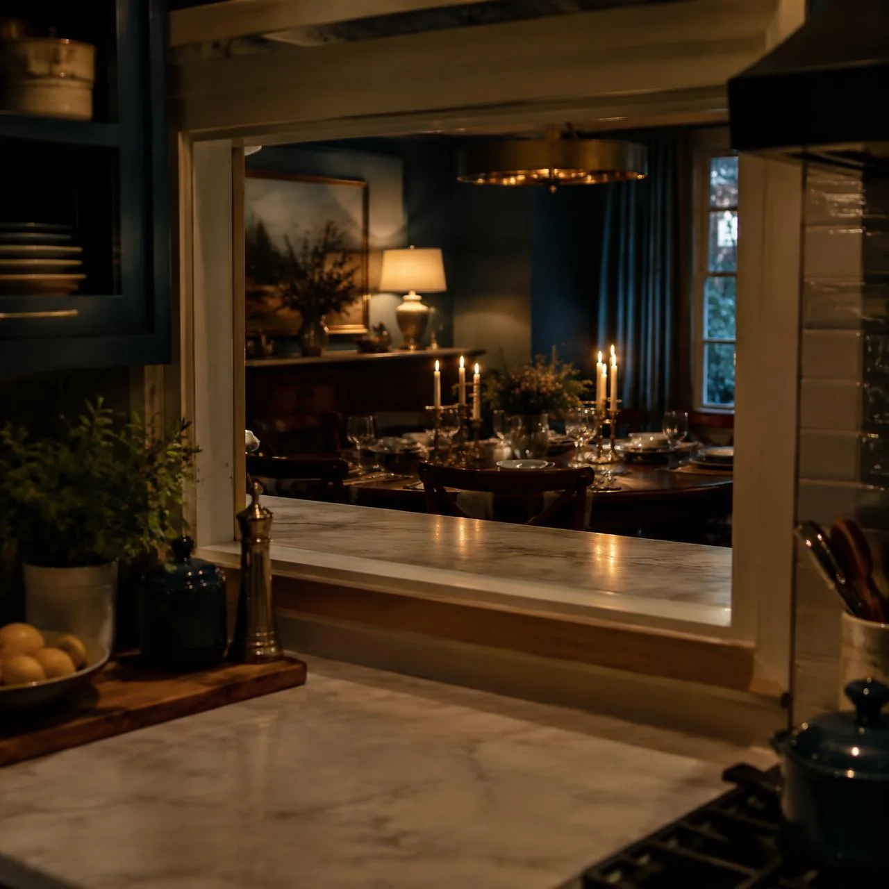 Candlelit dining room seen through a kitchen pass window, with a brass chandelier and set tables glowing in the dark